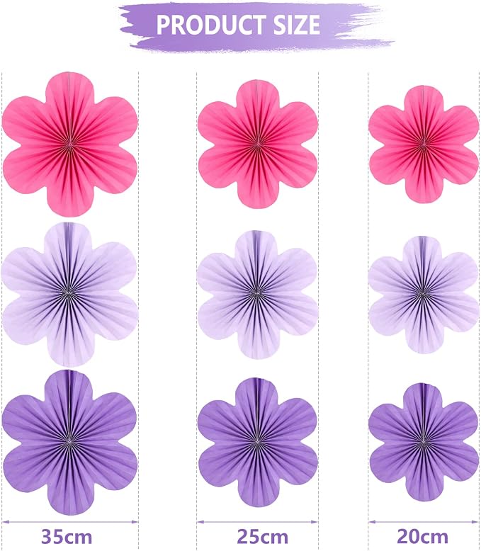 SUNBEAUTY Paper Flowers Decorations for Wall, Purple and Pink for Wall Paper Flower Fan Classroom Decoration Paper Floral Backdrop Decor Paper Fans Decoration Hanging Paper Flower Wall Decor Set of 9