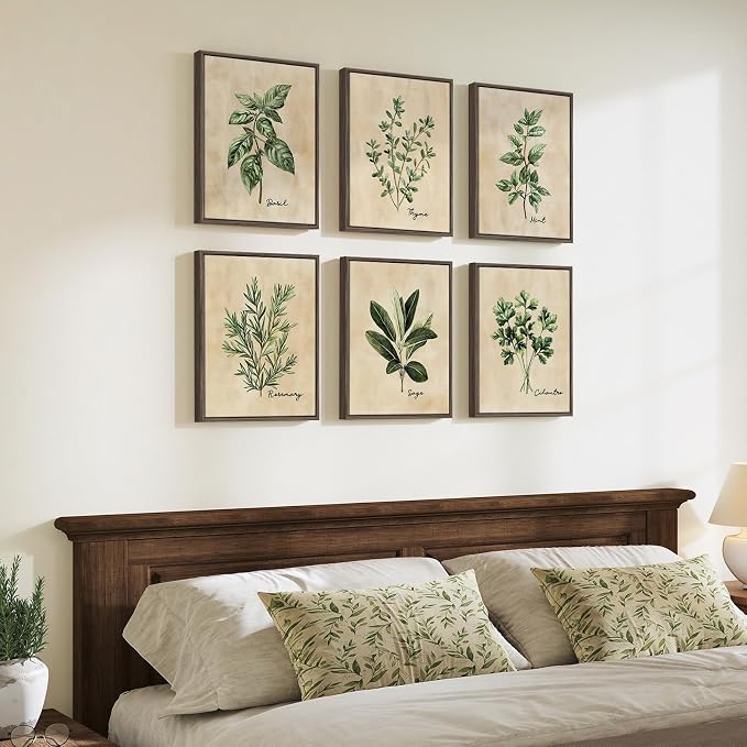 Framed Rustic Botanical Wall Art Set for Living Room, Sage Green Herb Canvas Prints Artwork for Walls, Modern Farmhouse Plant Leaf Pictures Wall Decor for Bedroom Dining Room Hallway, 12x16 Inch