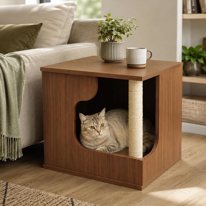 Cat Side Table with Cat Scratching Posts,Cat House with Storage for Living Room | Multi‑Purpose Cat Hideaway Furniture with Sisal Scratching Post, Cat Cave Bed for Indoor Cats, Human‑Pet Shared Table