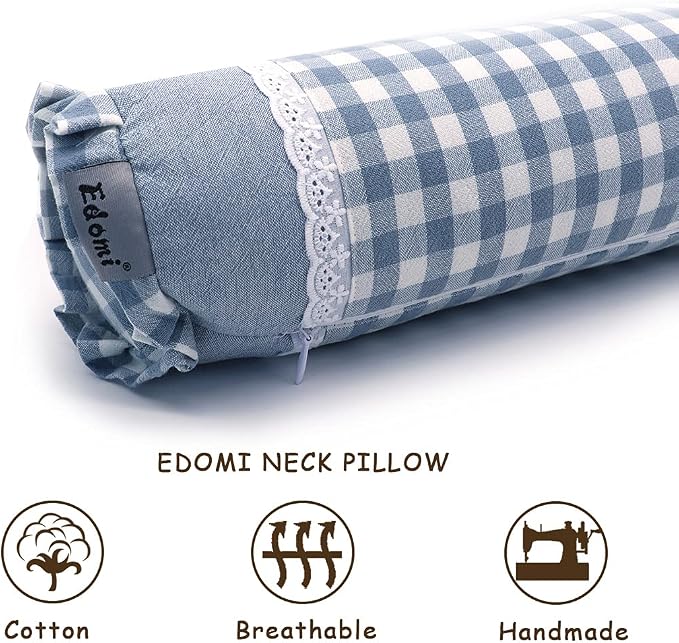 Buckwheat Neck Roll Pillow with Adjustable Fill – Cervical Bolster for Neck Lumbar Support, Cooling Cylinder Pillow for Side and Back Sleepers (16x4 inch, PlaidBlue)