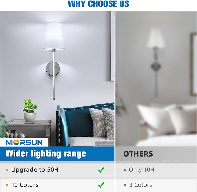 25.4 inch Brushed Nickel Battery Operated Wall Sconce Set of 2,Rechargeable Wall Lights with Dimmable Detachable Bulbs and Remote,9 Colors Wireless Sconces for Bedroom Living Room Hallway