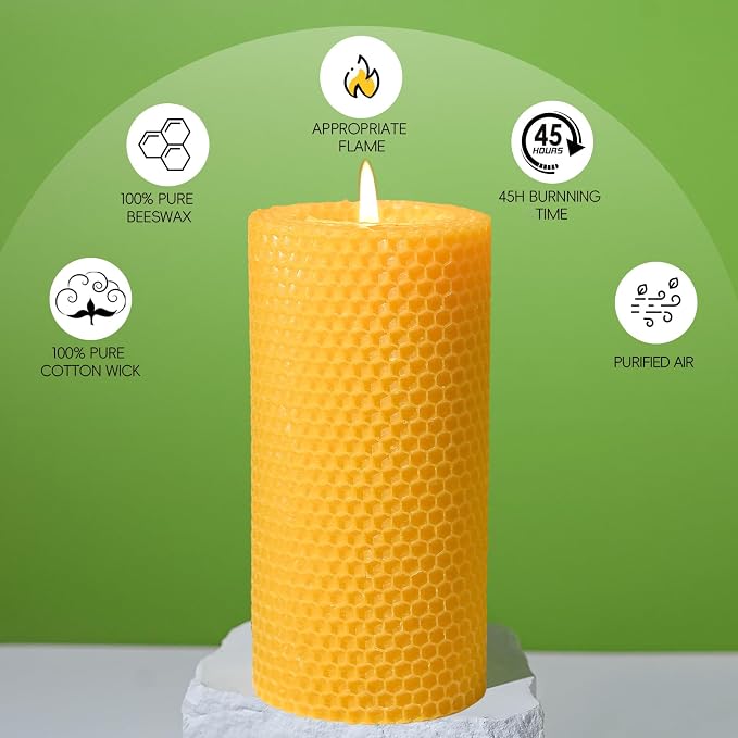 8 Pack Beeswax Piilar Candles, 360 Hours Handmade Beeswax Pillar Candles Handcrafted Honeycomb Bees Wax Candle for Home, Prayer, Unscented Candles (2.8x6 in)