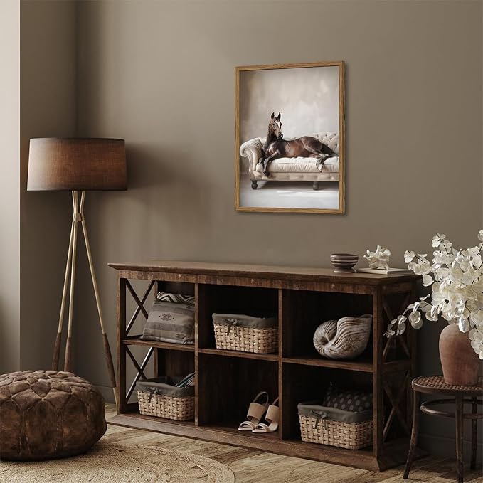 Framed Funny Horse Canvas Wall Art, Vintage Western Brown Horse On Sofa Pictures Wall Decor, Rustic Farmhouse Animal Paintings Prints for Living Room Bedroom Office Dorm 12x16 inch