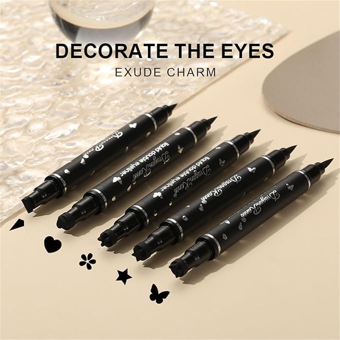 5Pcs Double-headed Liquid Eyeliner Stamp Pencil Set, Winged Eye-liner Pen, Long-lasting Black Tattoo Eye-liner delineador de ojos (Heart/Flower/Star/Butterfly/Cone) Shape Eye Liner Pencil for Women