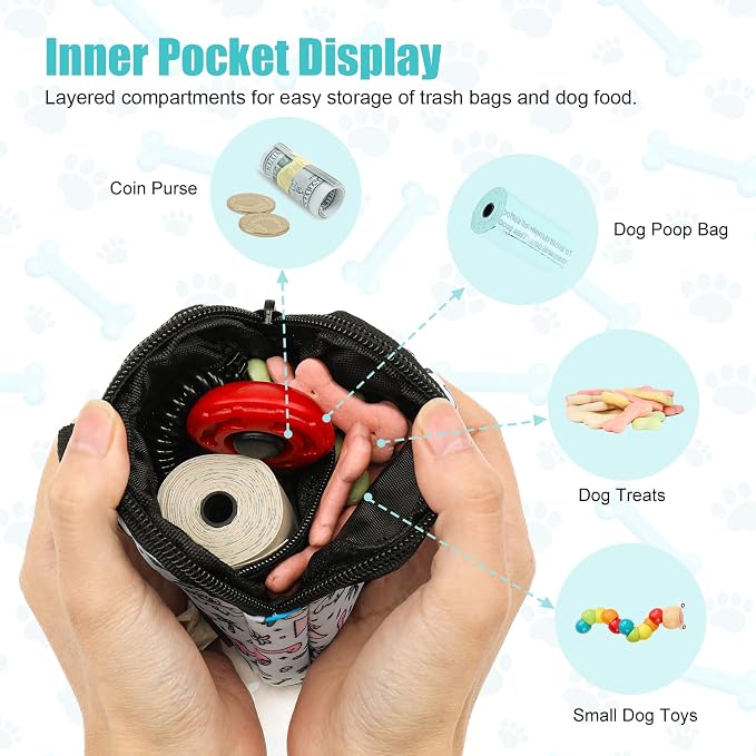 Dog Treat Pouch with Training Clicker,Waterproof Nylon Fabric Poop Bag Holders for Leashes,Hands Free Small Dog Walking Bag with Carabiner, Pet Puppy Training Walking Essentials (Dinosaur)