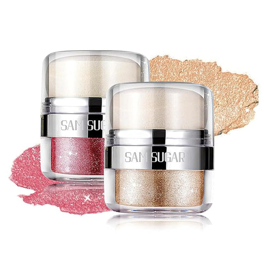 Body Shimmer Powder, 2PCS Body Glitter Powder with Sponge Head, 3D Contour & Long Lasting Luminous, Glow Highlighter Makeup for Face, Eyes, Hair, Perfect for Daily, Party (Pink/Champagne Gold)