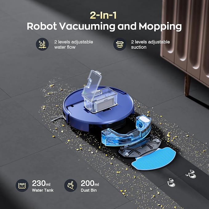 Robot Vacuum and Mop Combo, 2300Pa Strong Suction, 2-in-1 Dust Box and Water Tank, Works with Alexa/Google Assistant, Long Runtime, Schedule, Quiet, Ideal for Hard Floors, Low-Pile Carpets and Pets