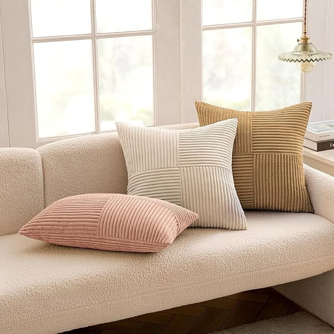 MIULEE Camel Brown Decorative Throw Pillow Covers for Couch 18x18 Inch | 2 Pack, Boho Farmhouse Pillow Covers, Soft Cross Corduroy Patchwork Textured Cushion Cases For Bed Sofa
