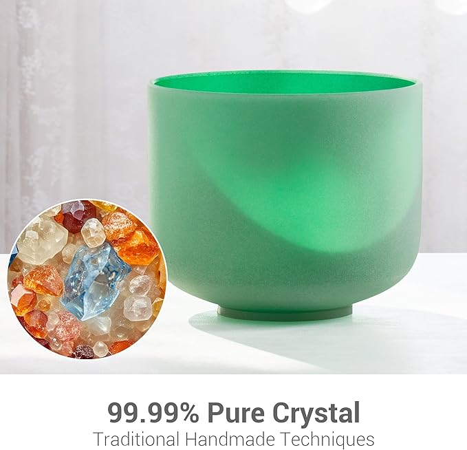 432hz 8 inch Green F Note Heart Chakra Quartz Crystal Singing Bowl with Resonance Striker for Healing Mindfulness Meditation Yoga Sound Baths