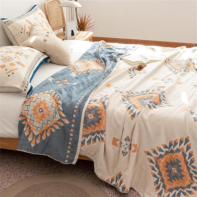 MSGKV Summer Cotton Muslin Boho Throw Blanket 60"x80" for Couch Bed | Cotton Muslin Throw, Soft Quilted Blanket, Boho Style, Couch Bed Chair Use, All Season Comfort, Gift Ready, Machine Washable