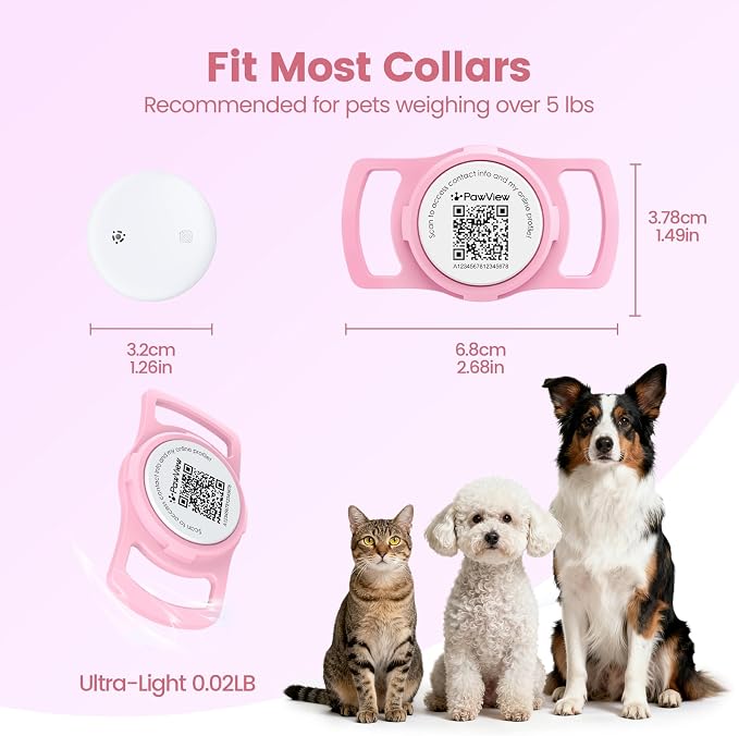 Smart Pet Tracker for Collar - Dog Trackers Location for Pet with Holder, No Monthly Fee, Real-Time Tracking, iOS Only, IPX6 Waterproof, Long-Lasting, Anti-Lost Tracker for Cats, Bag Straps,Pink