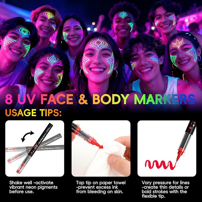 Glow in the Dark Body Paint,Halloween Makeup Kit,Neon Face Painting Markers Pen for Skin Glow Under Black Light, Washable UV Temporary Tattoo Pens for Glow Party Supplies (16 color)