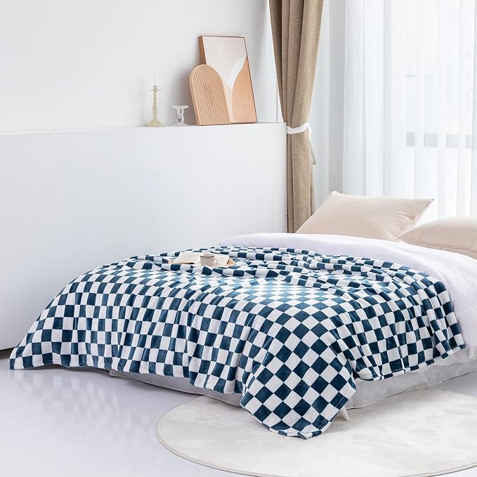 LOMAO Throw Blankets Flannel Blanket with Checkerboard Grid Pattern Soft Throw Blanket for Couch, Bed, Sofa Luxurious Warm and Cozy for All Seasons (Navy, 50"x60")