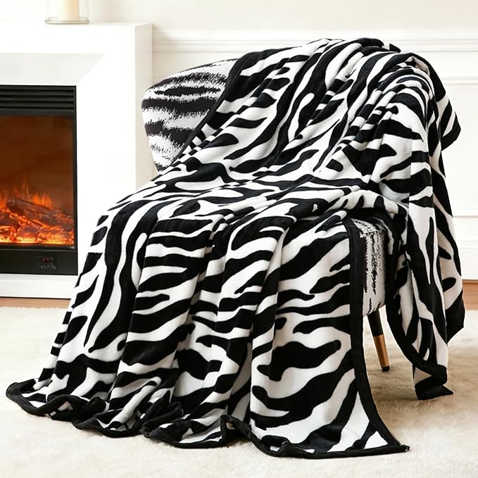 PU MEI Fuzzy Flannel Throw Blanket for Sofa, Couch, Bed, Black and White Zebra Print Blanket Animal - Lightweight Double Sided Cozy Super Soft Blankets, 60" x 80" inches