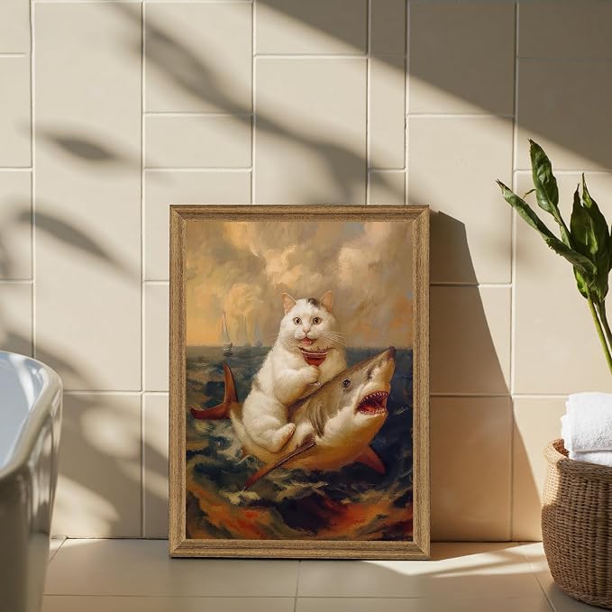 ICHZUMW Framed Funny White Cat Riding Shark Ocean Canvas Wall Art 16x24 In | Quirky Cat Drinking Wine Riding Shark Oil Painting, Humorous Bathroom Wall Decor, Bedroom Restroom Powder Room, Ready to Hang