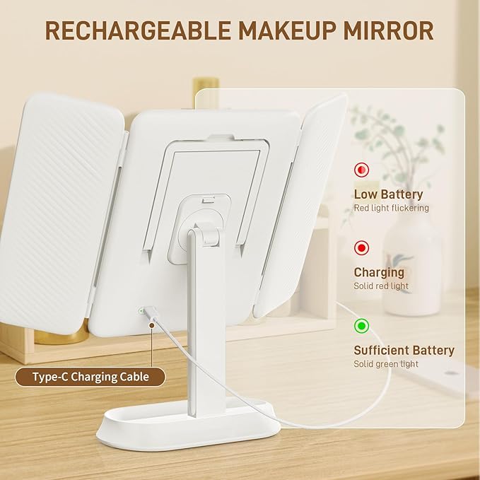 FRANO Vanity Mirror with Lights - Rechargeable Lighted Makeup Mirror | 1X/3X/5X Magnification, Smart Touch, 3 Colors Dimmable | Portable Trifold Mirror for Travel for Women and Girls
