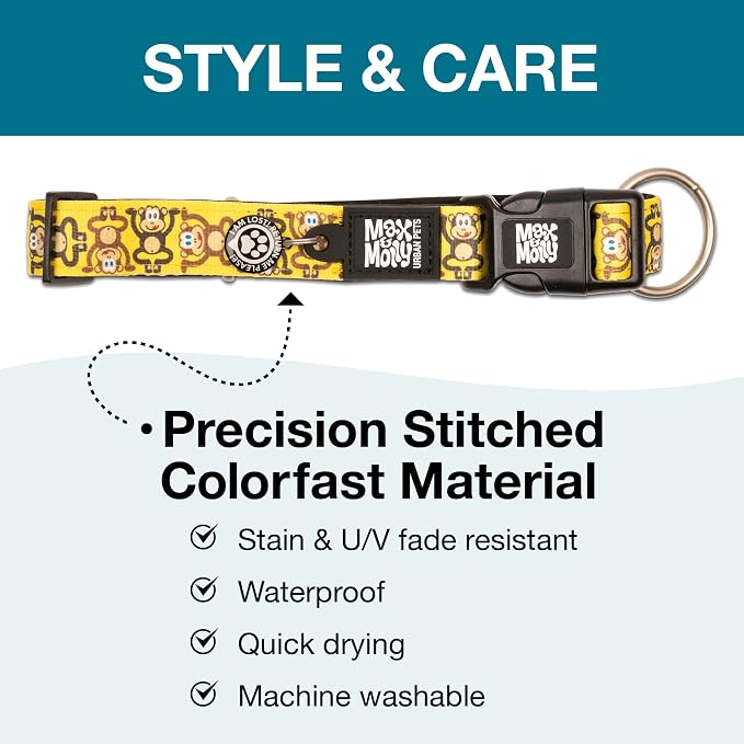 Max & Molly Urban Pets Smart ID Dog Collar with Gotcha! QR Pet Safety Tag and Custom Pet Profile, Soft Padded Neoprene, Waterproof, Machine Washable, Monkey Maniac, L (15-25")