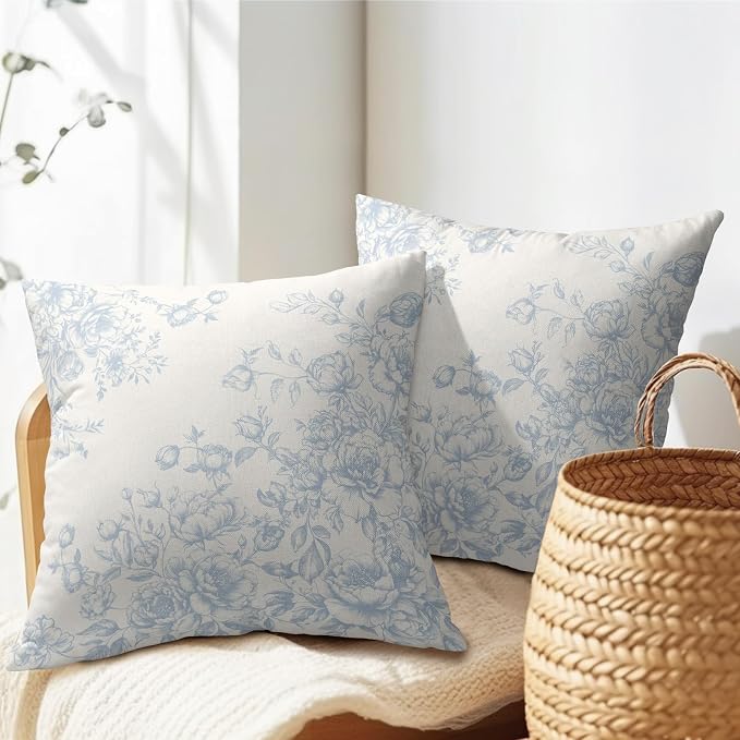 Kawani Chinoiserie Floral Throw Pillow Covers 18x18 Inch Set of 2, Vintage Light Blue White Flower Square Pillowcase Cotton Linen Cushion Case Farmhouse Home Decor for Sofa Couch Bed