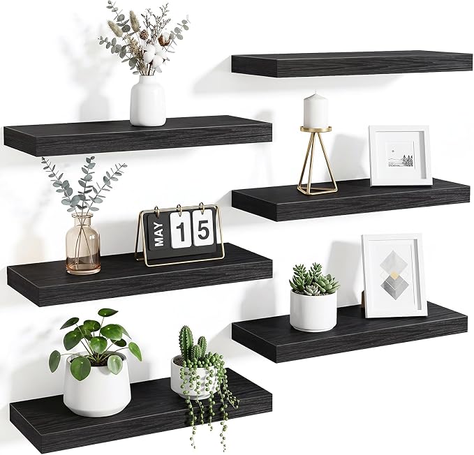 Fixwal Floating Wall Shelves for Decor (Black, Set of 6, 15.7 Inch) | MDF Shelves with Metal Brackets, Space Saving for Books, Decor, Works in Bathroom, Kitchen, Living Room, Bedroom