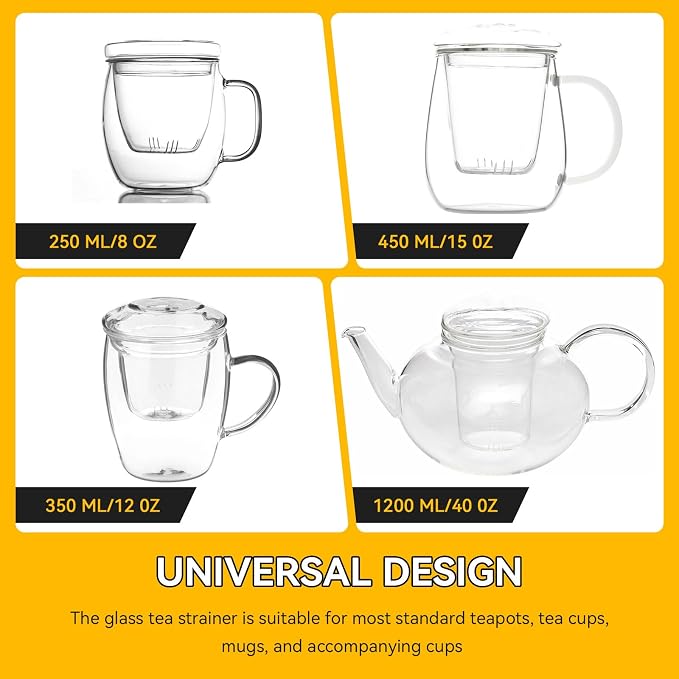 Glass Tea Infuser with Dual-Purpose Lid/Coaster for Teabloom, Glass Tea Strainers for Loose Tea-leaves, Universal Steeper for Teapots, Mug, Bottle, Cup, Travel Tumblersm Microwave & Dishwasher Safe