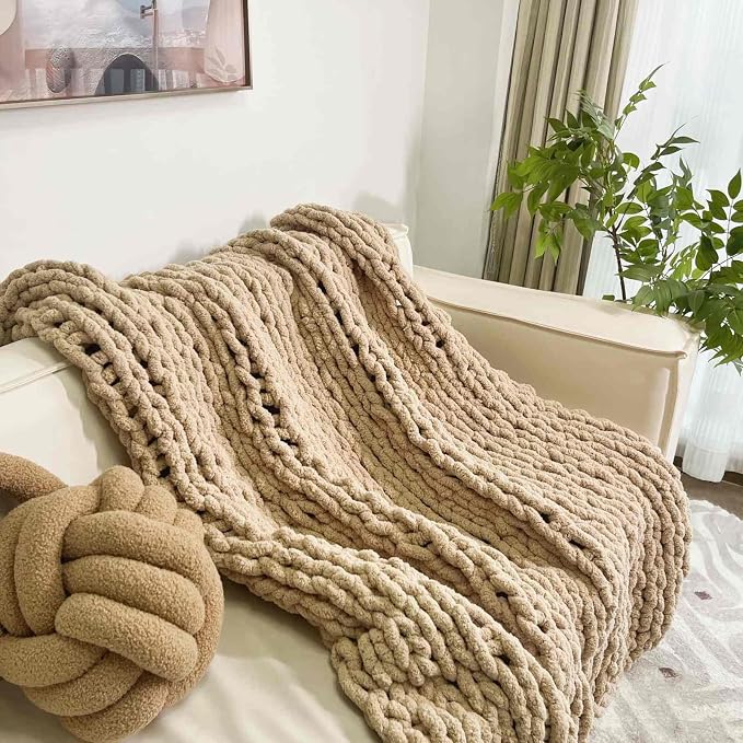Soft Chunky Knit Throw Blanket for Couch, Cozy Warm Knitted Blankets | Hand Knit with Jumbo Chenille, Lightweight Warm Fluffy Decor for Women, Mom, Her & Girls, Sofa, Chair, Bed, 40"×40" (Tan)
