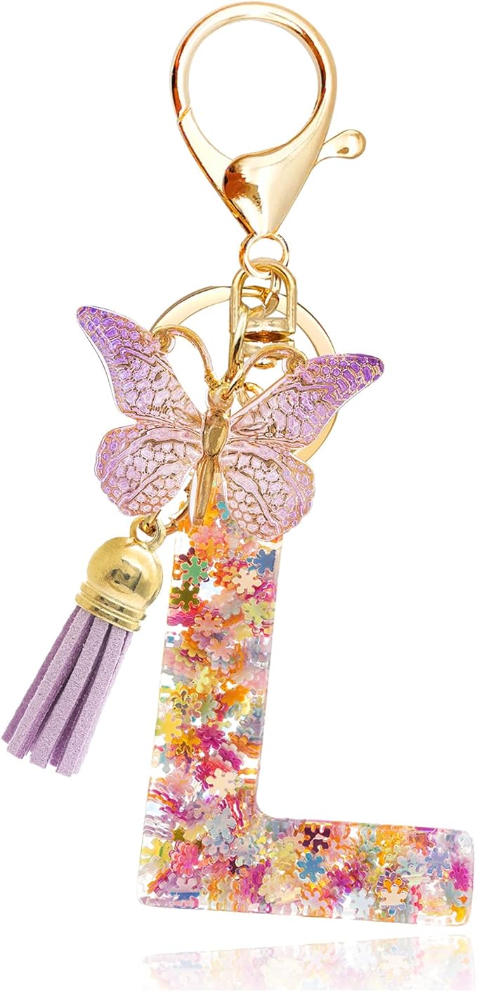 Fashion Alphabet Initial Letter Keychain Tassel Butterfly Pendant Key Ring for Purse Handbags Women Girl