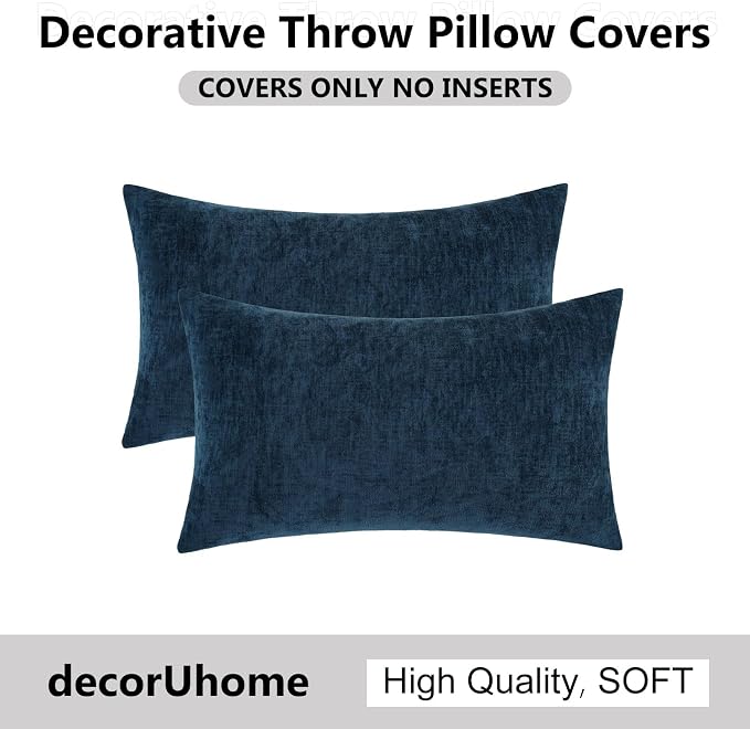 decorUhome Soft Chenille Navy Blue Throw Pillow Covers 12X20 Set of 2 | Decorative Fall Couch Pillow Covers Solid Dyed Accent Modern Farmhouse Neutral Rectangle Pillow Cases for Sofa