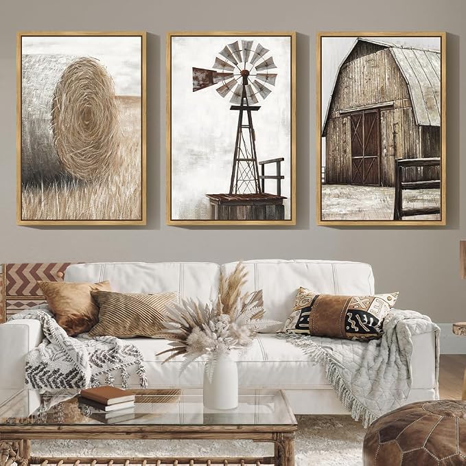 Drsoum Farmhouse Wall Art Vintage Rustic Windmill Barn Cornfield Pictures Framed Painting Landscape Countryside Rural Canvas Artwork Home Decor Ready to Hang 24x36in - Natural Framed