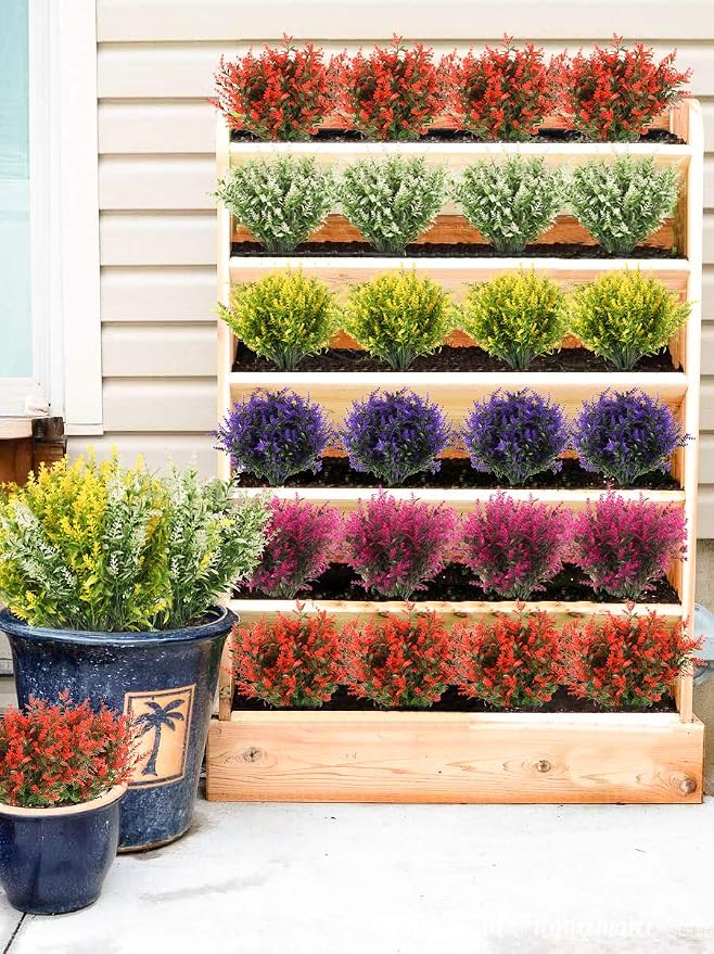 RECUTMS 8Pcs Artificial Flowers Fake Outdoor Plants Faux Lavender Flower | 13.8",Plastic Shrubs Faux Flowers Fake Ferns Winter Artificial Fowers for Outdoors Indoor Outside Hanging Decorations