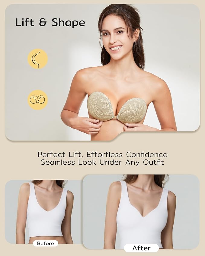 Niidor Adhesive Bra Strapless Sticky Invisible Push up Silicone Bra for Backless Dress with Reusable Nipple Covers
