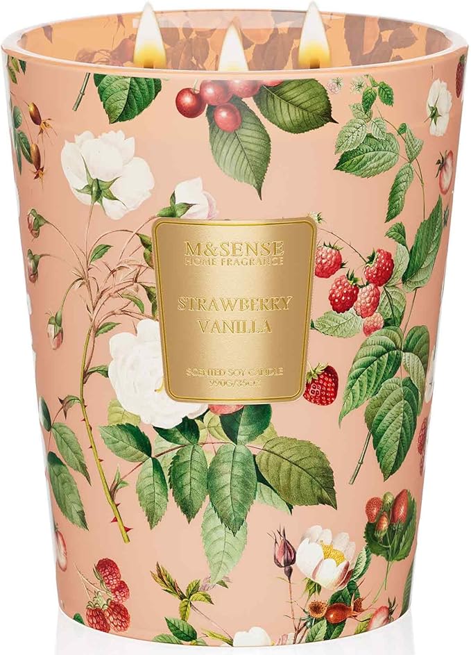 M&SENSE Strawberry Vanilla Soy Large Candles, 3-Wick 35oz 150H Long Lasting, Sweet Fruity Romantic Scent, Gift for Women