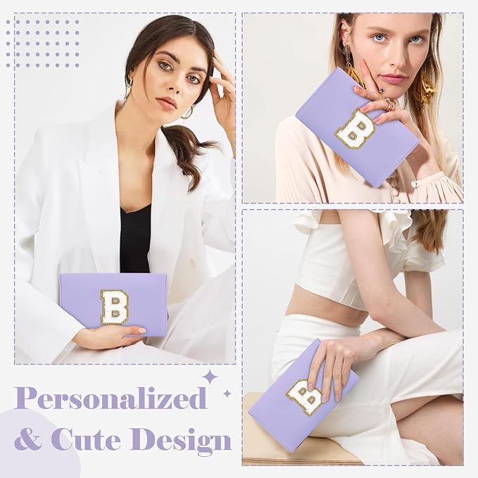 Personalized Makeup Bag Initial A-Z Preppy Patch Bag,Small PU Leather Travel Cosmetic Bag Pouch with Zipper,Purple Cute Toiletry Bag,Gift Ideal for Teen Girls Women Birthday Friend Mom,Latter B