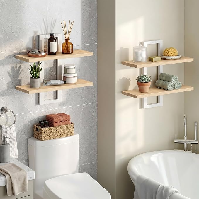 HOOBRO 2-Tier Floating Shelves, 15 Inch Wall Shelf Set of 2 | Wall Mounted Storage Shelves, Hanging Bathroom Shelves, for Living Room, Bedroom, Bathroom, Kitchen, Natural and White