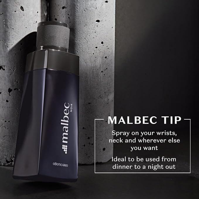 Malbec Noir Eau de Toilette By O Boticario Cologne For Men, Long-Lasting Men's Fragrances, French Oak Barrel-Aged & Pinot Noir Grapes, Woody Spicy Wine Scent, 3.4 Ounce