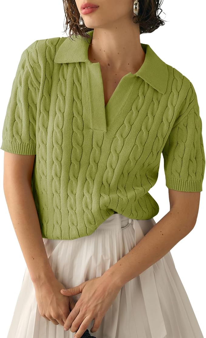 Imily Bela Womens Cable Short Sleeve Sweaters Tops Lapel V Neck Knit Shirt | Solid,Knit Casual,Soft Pullover,Fall Sweaters,Womens Summer Work Tops
