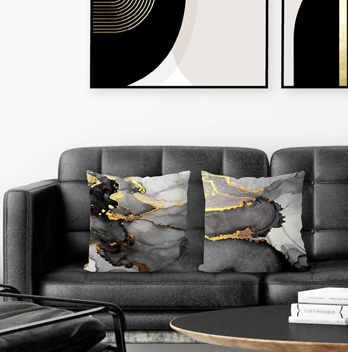 Black Grey and Gold Marble Texture Pillow Covers 20x20 Double-Sided, Abstract Modern Decorative Throw Pillow Covers for Living Room Bedroom, Modern Home Decor, Black and Gold Decor, Set of 2