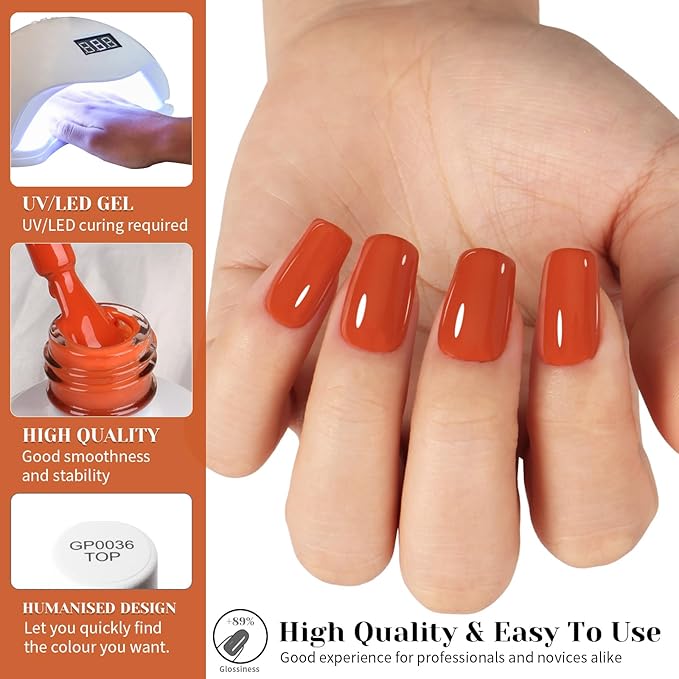 Orange Red Gel Nail Polish, 0.51 Fl Oz UV/LED Soak Off Deep Orange Gel Polish for Manicure Salon or DIY Nail Art at Home - GP0054