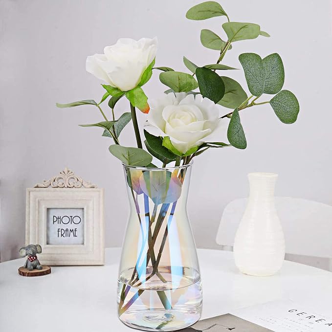 8 Inch Iridescent Glass Vase for Flowers, Modern Boho Table Decor | Farmhouse Vases For Rustic Vintage Living Room Kitchen Bedroom Halloween Christmas Decor House Book Shelf Office Decor