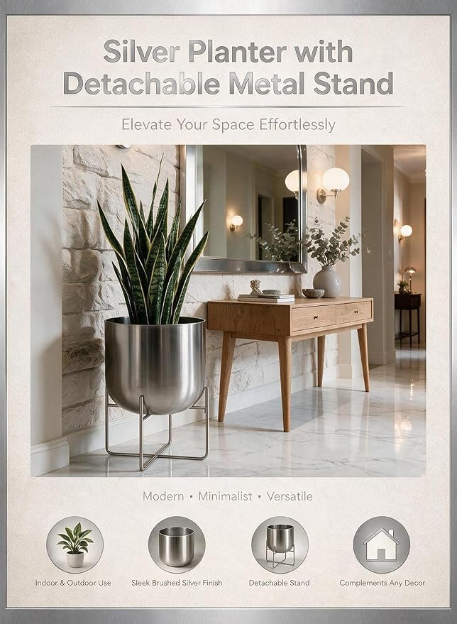 Serene Spaces Living Gold Planter with Detachable Metal Stand, Decorative Indoor Planter Pot, Flower Pots Stand for Living Room, Kitchen, Office, in 3 Sizes (Silver - Wide)