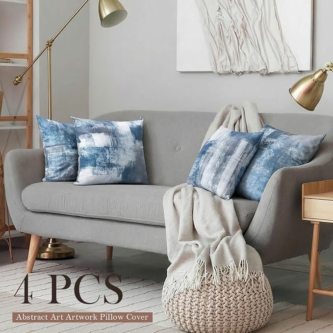 Set of 4 Blue and Grey Abstract Art Artwork Pillow Cover 18 x 18 Inch, Gallery Modern Decorative Throw Pillows Cushion Cover for Bedroom Sofa Living Room | Double-sided vibrant artwork accent cushion covers. Perfect decorative pillows for couch, sofa, ...