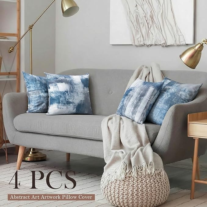Set of 4 Blue and Grey Abstract Art Artwork Pillow Cover 20 x 20 Inch, Gallery Modern Decorative Throw Pillows Cushion Cover for Bedroom Sofa Living Room | Double-sided vibrant artwork accent cushion covers. Perfect decorative pillows for couch, sofa, ...