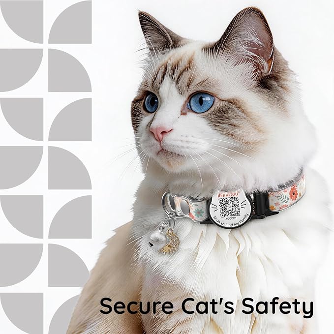Breakaway Cat Collar QR Code, Reflective Bell, Adjustable Kitten Wht Flower