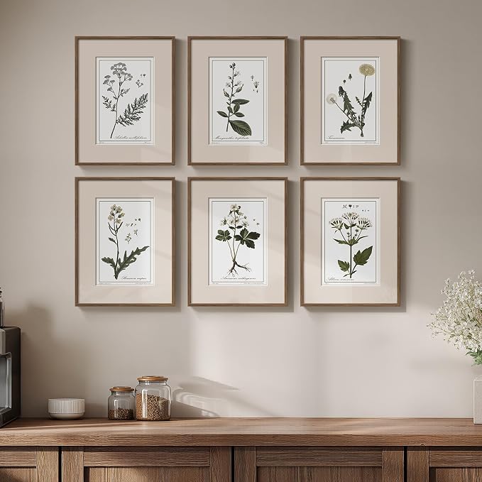 Framed Vintage Botanical Wall Art, 6 Piece Rustic Floral Canvas Painting Prints Artwork for Kitchen Walls, Neutral Flower Pictures for Living Room Bedroom Dining Room Farmhouse Wall Decor, 11x14