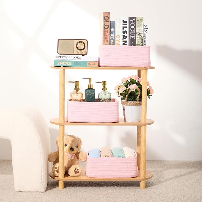 MiniArk Small Storage Baskets for Organizing | Closet Organizer Bins | Shelf Toy Basket | Woven Rope Baskets | Cube Decorative Box | Shallow Basket | 11.5x7.5x4.7” | 3 Packs Pink