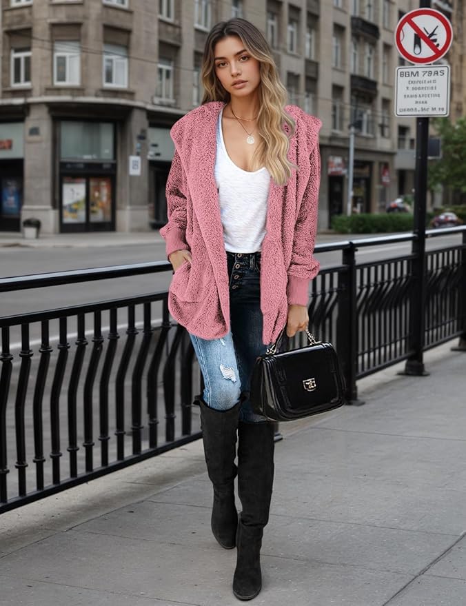 Zilcremo Women Hooded Cardigan Fuzzy Jacket Winter Open Front Fleece Coat Outwear with Pockets