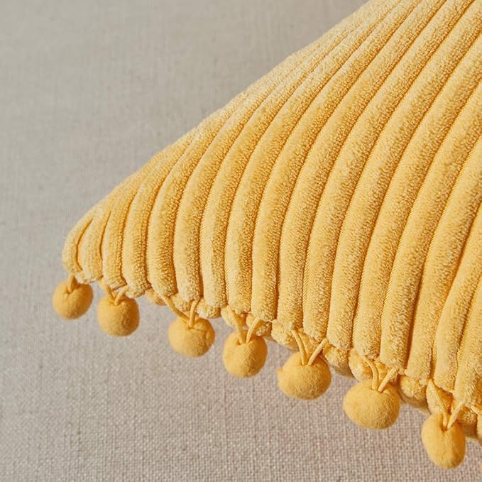 Fancy Homi Pack of 2 Boho Yellow Decorative Throw Pillow Covers with Pom-poms, Soft Corduroy Accent Solid Square Cushion Cases Set for Couch Sofa Bedroom Car Living Room (16x16 Inch/40x40 cm, Yellow)