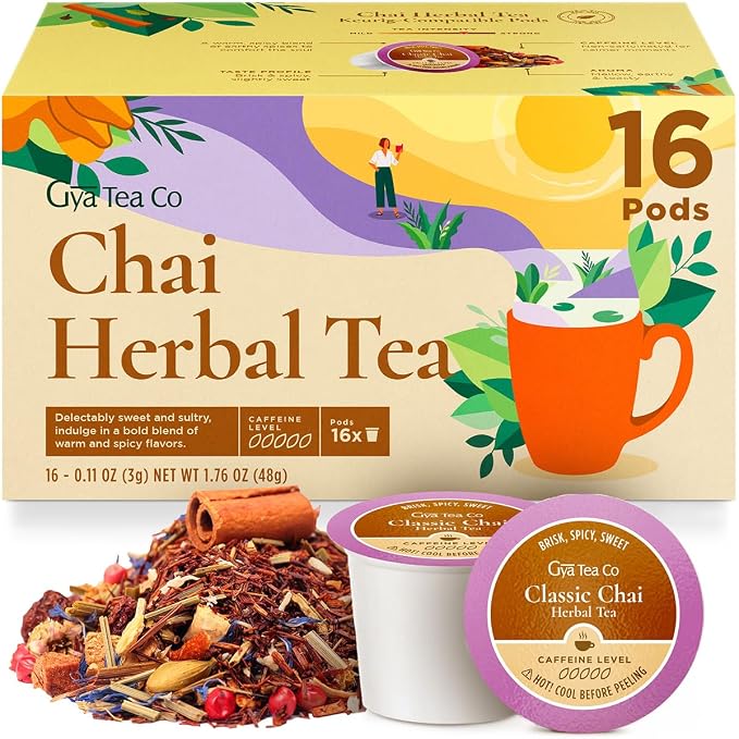 Gya Tea Co Chai Herbal Tea Pod (16 Count)- Decaf Wellness Tea for Body Comfort & Relaxing