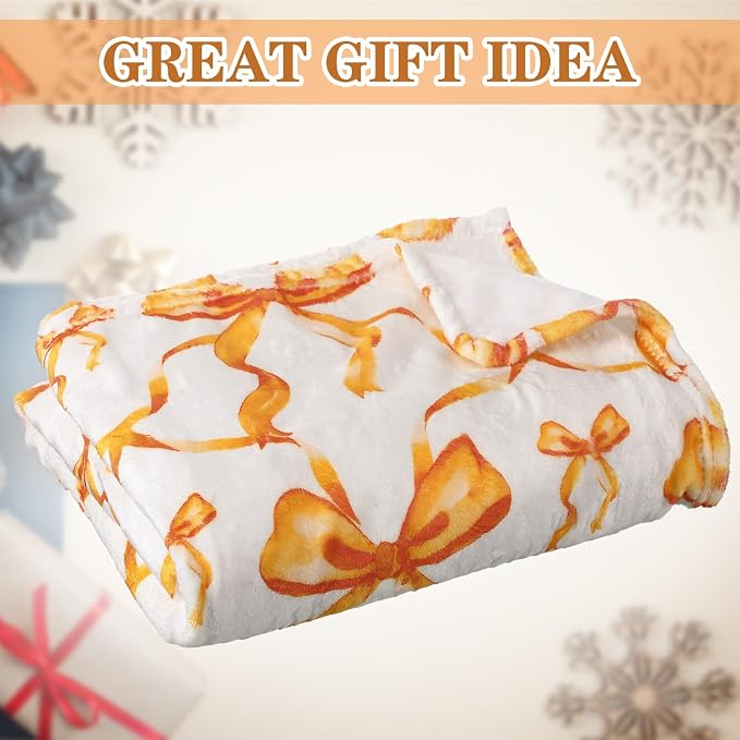 Orange Bow Throw Blanket 50"x60" Soft Flannel for Girls Women | Coquette Aesthetic Decor with Ruffled Edges, Ultra Plush Bed Sofa Blanket, Preppy Gift for Teens, Back to School Dorm Room