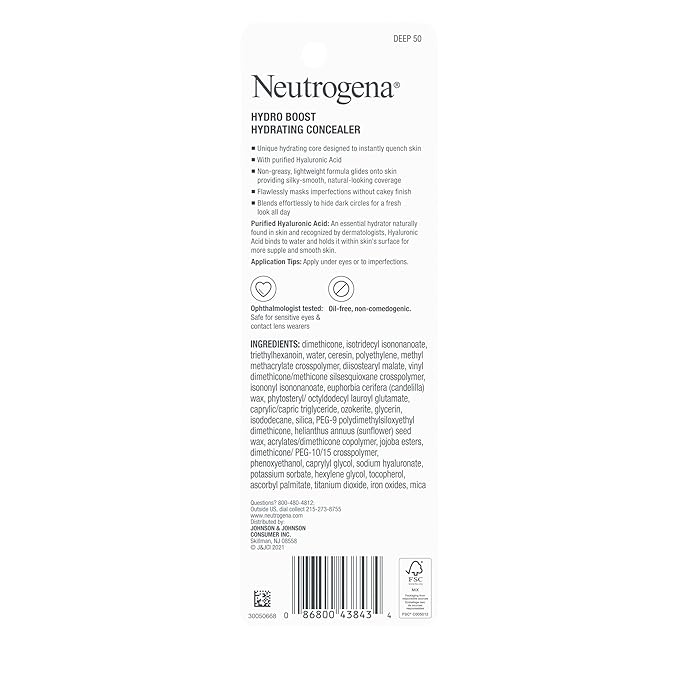 Neutrogena Hydro Boost Hydrating Concealer Stick, Oil-Free, Lightweight Cover-Up Makeup with Hyaluronic Acid Refreshes Dry Skin & Provides Buildable Coverage, 50 Deep, 0.12 Oz