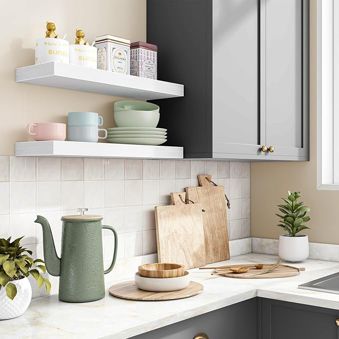 Fixwal Floating Shelves for Wall Decor (White, Set of 2, 15.7 Inch) | MDF Shelves with Metal Brackets, Space Saving for Books, Decor, Works in Bathroom, Kitchen, Living Room, Bedroom